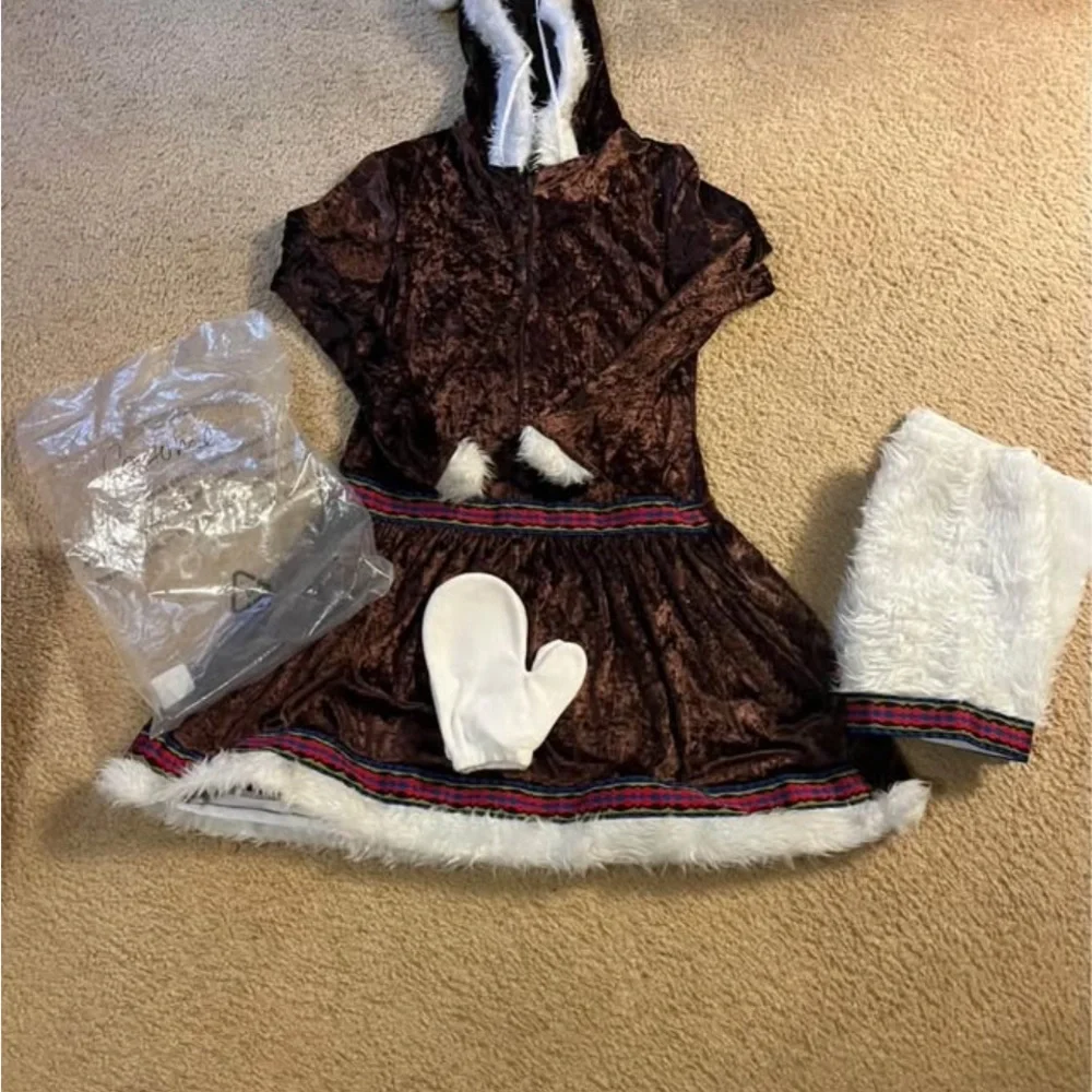 Woman’s Brown Eskimo Costume with White Accent- gloves & boot coverings